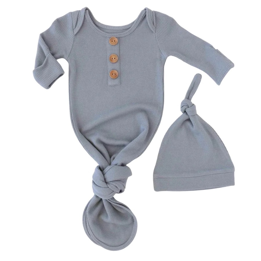 DUSTY DENIM WAFFLE BAMBOO NEWBORN BABY KNOT GOWN & HAT SET Caden Lane